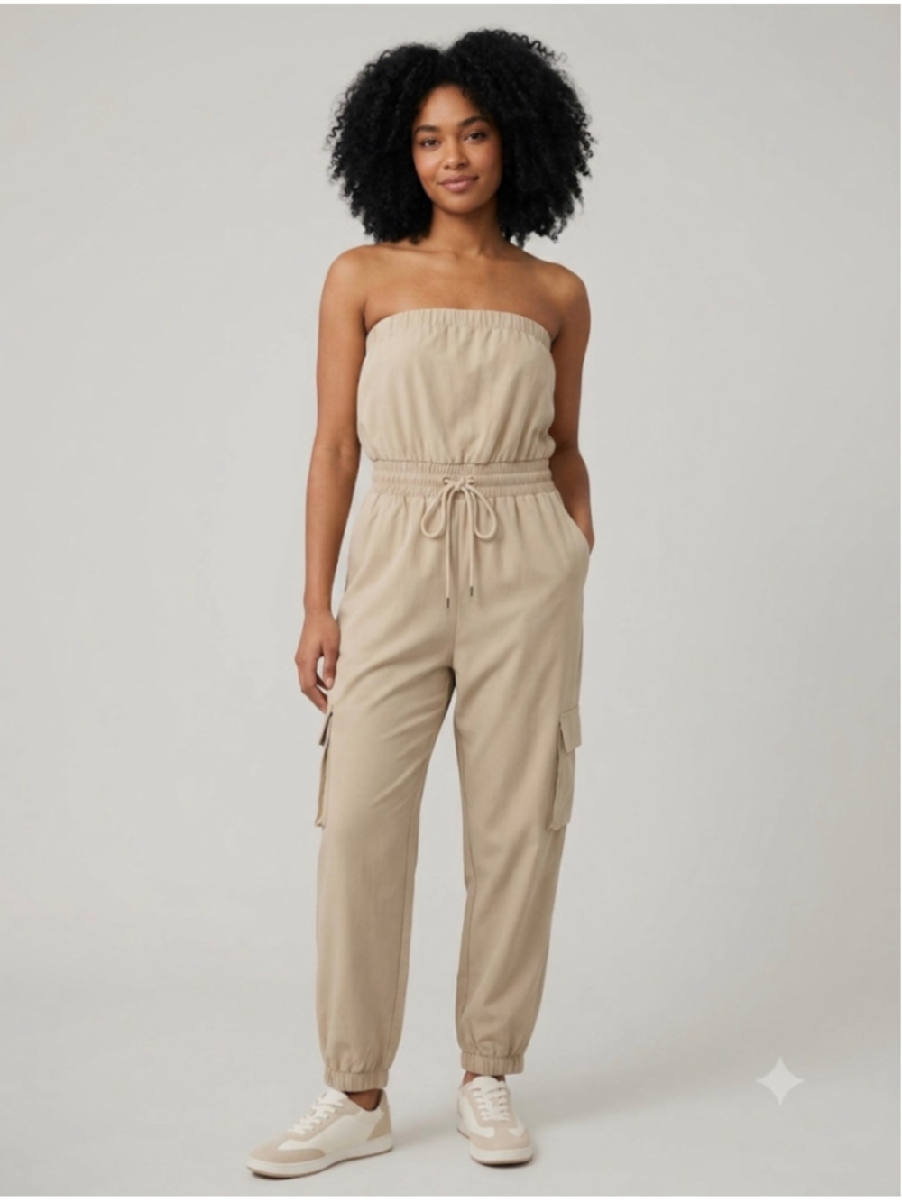 Justify Beige Strapless Cargo Jumpsuit L